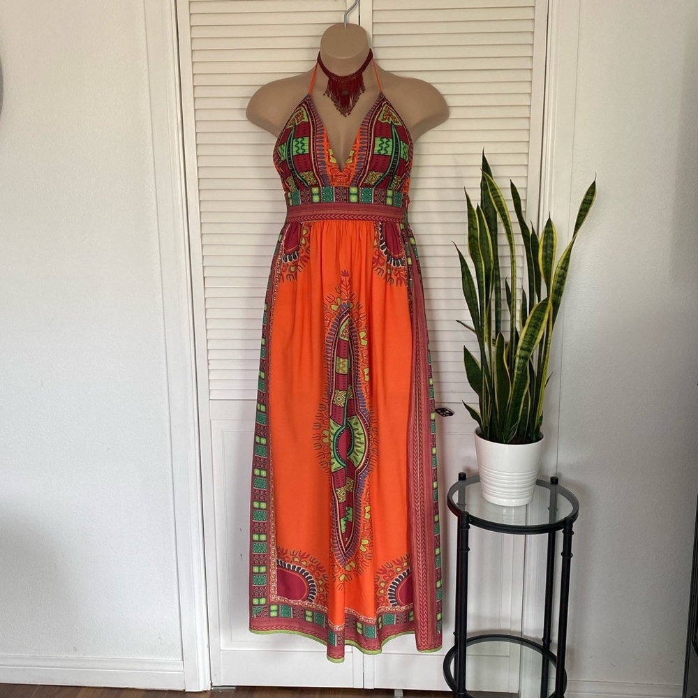 Tribal Print Halter Maxi Dress, Orange Multi Color